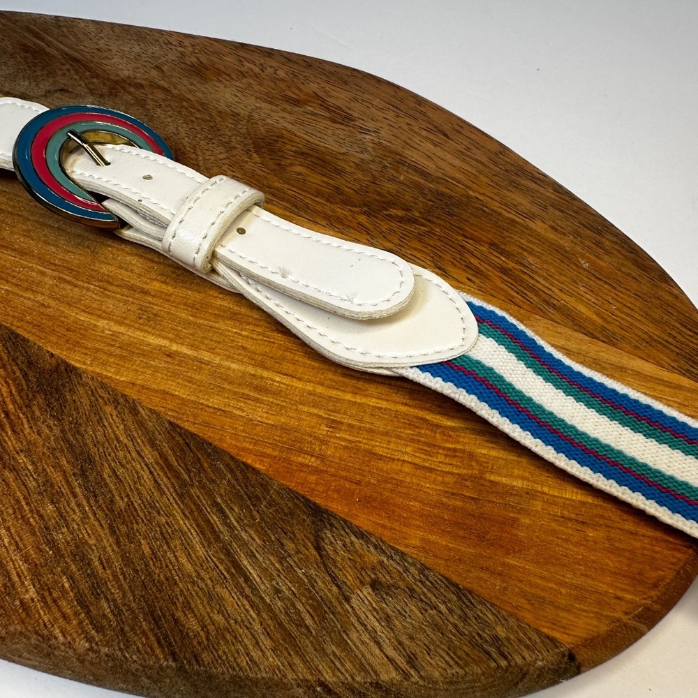 Vintage TanJay Striped Elastic Belt Size 18 Multicolor Ring Buckle - Picture 2 of 6